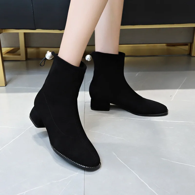 

Autumn Chunky-Heel Simple Slip-on Martin Boots Women's Pearl Decoration Suede Middle Boots Semi-high Heeled Breathable Women's B