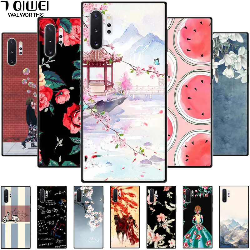 

For Samsung Note 10 Pro Case Cover Silicone Soft Black Phone cases For Samsung Galaxy Note 10 Case Bumper Flower Note 10 Plus +