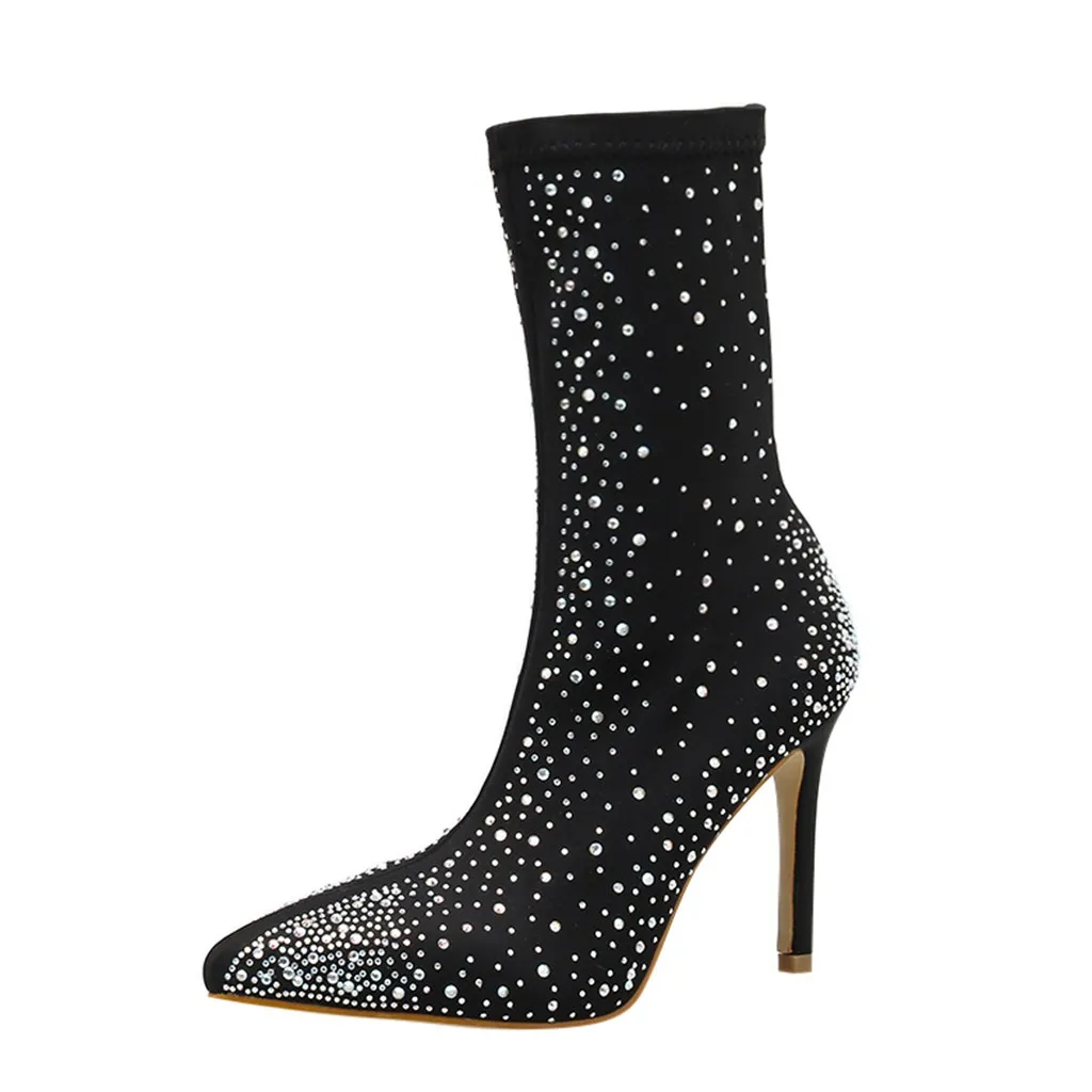 Women Autumn Winter Pointed Water Drill Slim High Heel Boots Sexy Elegant Boots shoes woman boots women zapatos de mujer