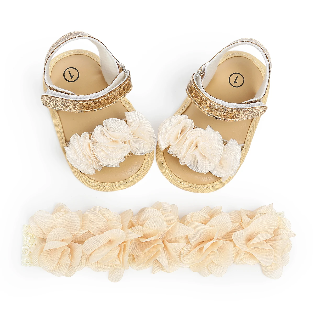 Популярная летняя обувь для маленьких девочек сандалии с цветами для новорожденных девочек повседневная обувь на мягкой подошве с крючком+ повязка на голову, комплект из 2 предметов - Цвет: Золотой