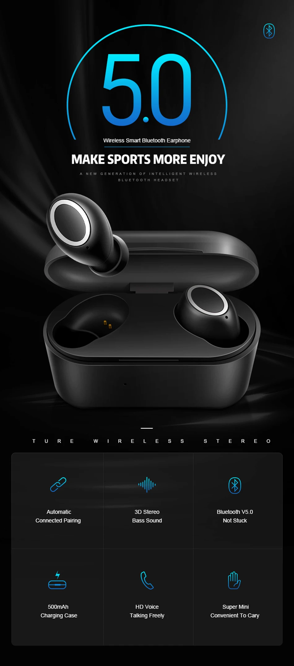 TEBAURRY Bluetooth наушники 5,0 TWS Беспроводная мини-гарнитура с сенсорным управлением 3D стерео бас наушники с зарядным устройством Портативный