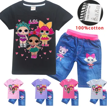 

Toddler Girl Clothes New 2020 Kids Lol Clothes Girls Summer Short Sleeve 100% Cotton Cartoon Casual Clothing T-shirt+jeans Set