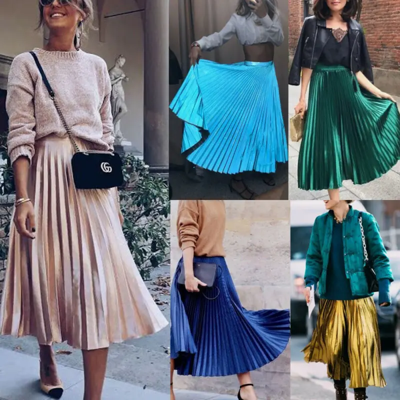 New Spring 2020 Women Long Metallic Silver Maxi Pleated Skirt Midi Skirt High Waist Casual Party Skirt Vintage Autumn Warm Skirt New Spring 2020 Women Long Metallic Silver Maxi Pleated Skirt Midi Skirt High Waist Casual Party Skirt Vintage Autumn Warm Skirt