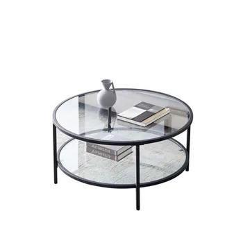 

Round Glass Coffee Table Modern Elegant 2 Layers Sofa Side Table Black Metal Frame Rust Resistant Living Room Furniture