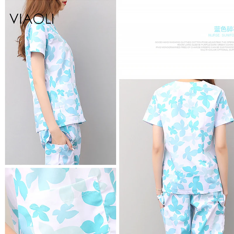 Viaoli women and men Medical Uniforms Nursing Scrubs Clothes Short Sleeve coat Doctor Clothing Brush hand clothing printing