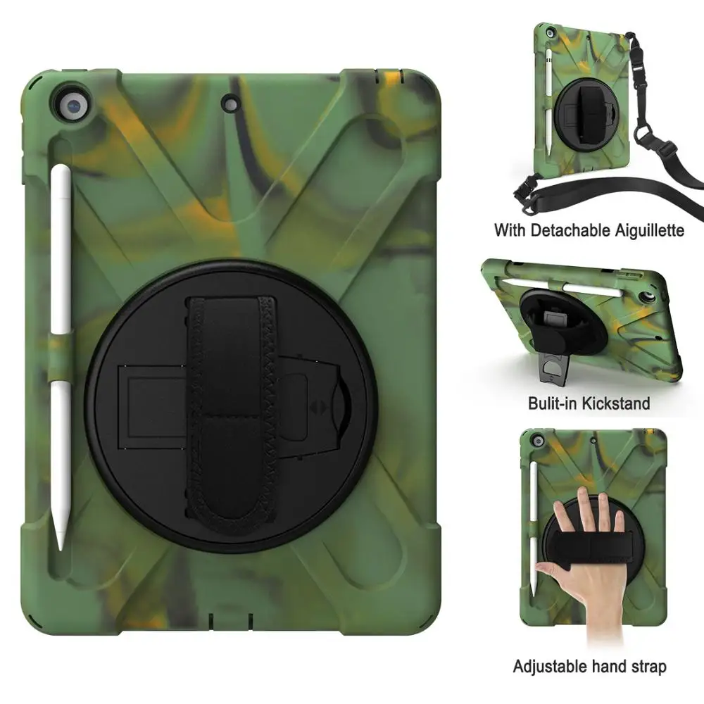 camouflage Вращающийся на 360 градусов противоударный чехол для Apple iPad 10,2 7 Чехол 7-го поколения с держателем карандаша чехол Funda ручной плечевой ремень - Цвет: camouflage