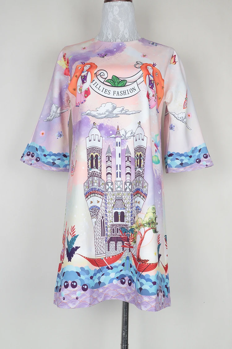 AELESEEN New Arrival Sweet Lady Straight Dresses Women Luxury Beading& Diamonds Elegant Fairy Tale Castle Print Mini Dress