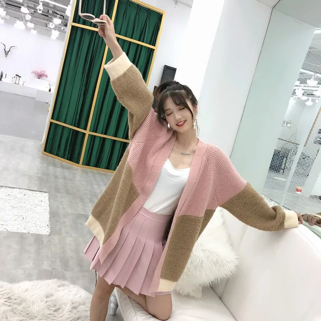 Neploe Pull Jumpers Осень Зима Женский вязаный кардиган контрастный цвет свитер пальто v-образный вырез негабаритная трикотажная куртка 54702