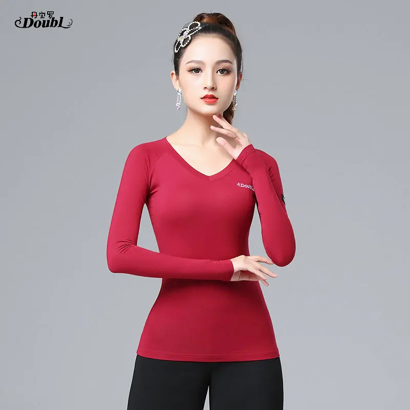 DOUBL Factory Modern Dance Training Dress Red Female Body Dress Top Latin Dance Dress Social Dance Workout Shirt long sleeve