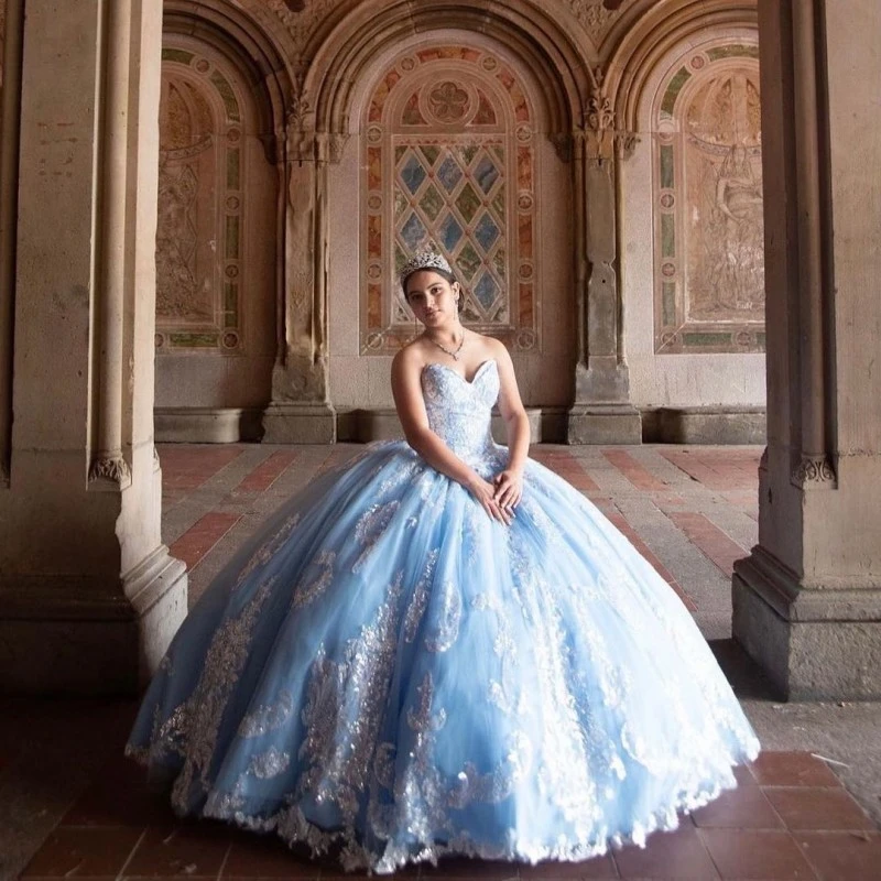Mexican Sky Blue Quinceanera Dresses with Sequin Applique Ball Gown Prom  Dress Sweetheart Formal vestidos de xv años Sweep Train|Quinceanera  Dresses| - AliExpress