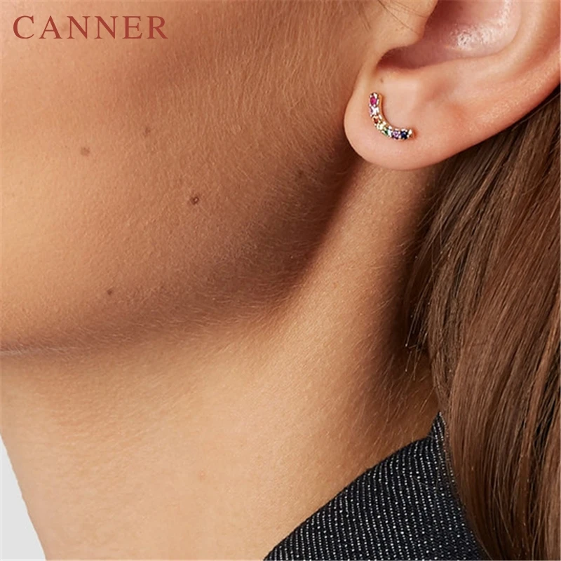 

925 Sterling Silver Crystal Zircon Single Row Stud Earrings For Women Simple Charming Rainbow Mini C-type Gold Silver Earrings