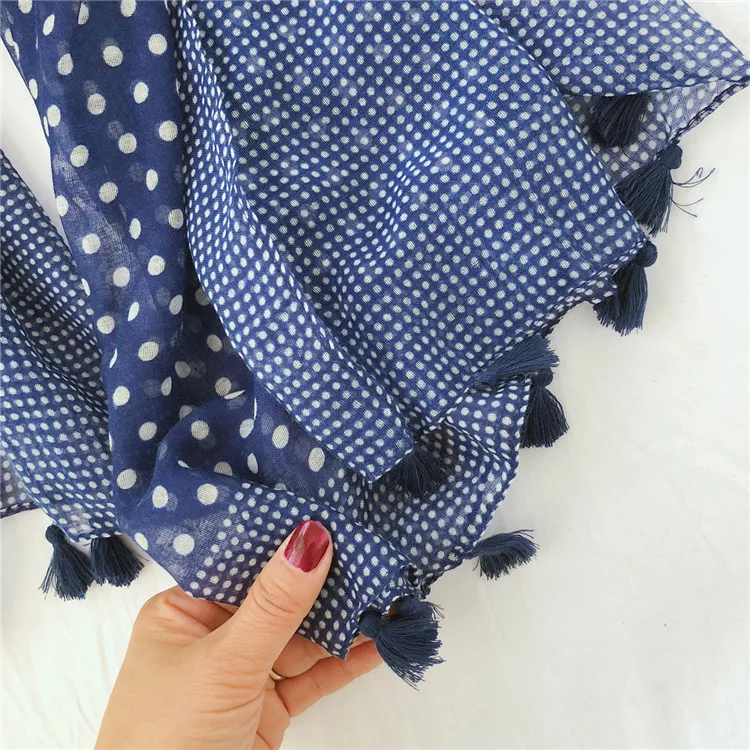 Autumn women patchwork scarf dot printed hijabs wrap girl pashmina thin soft tassels bufanda
