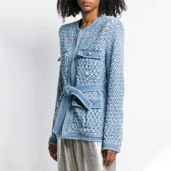 

2020 Autumn new denim jacket women's casual round neck high waist lace up hollow long sleeve slim Jacket Women's top