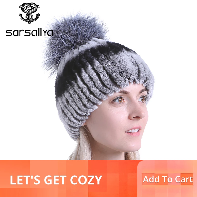 

SARSALLYA Winter fur hat for women real rex rabbit fur hat Women's Cap Winter Hat Women beanies pompom