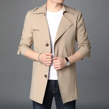 

2020 men's windbreaker spring and autumn new lapel jacket pure color all-match casual mid-length windbreaker men trench coat