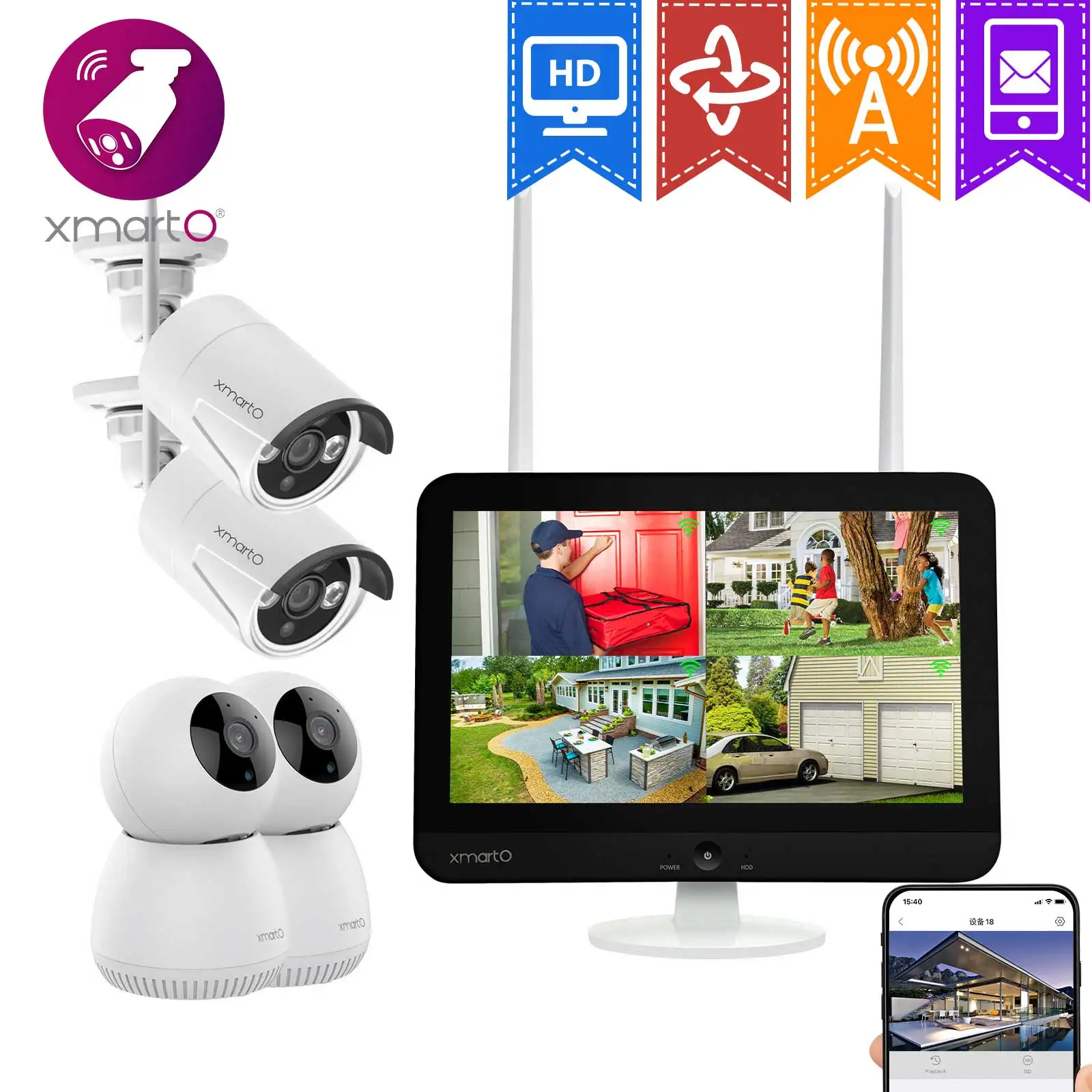 XMARTO 12.5 Inch Screen Wireless Home Security Camera System With 8CH 5MP HD IPS NVR and Night Vision, Weatherproof Functions