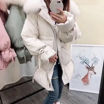 

Women Winter White Duck Down Warm Jackets Pockets Real Fox Fur Collar Hooded Coats Sweet Flare Sleeve Thickening Parkas