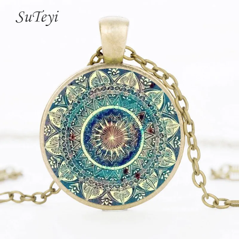 bronze necklace SUTEYI амулет Мандала художественное изображение серьги хна хрустальные серьги символ йоги Ом дзен буддизм стеклянные серьги для женщин ювелирные изделия - Окраска металла: bronze necklace