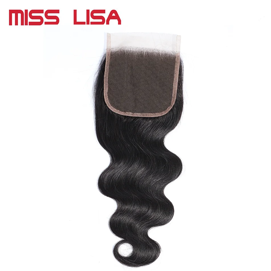 La srta. LISA de la onda del cuerpo de 4X4 Cierre de encaje libre/Medio/tres parte de encaje suizo medio Color marrón cierres no Remy Peruvian pelo