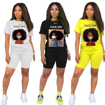 

2020 new women's cartoon girls letters print two piece set short sleeve t shirt shorts outfits tracksuit