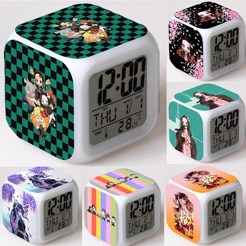 Demon Slayer Print Alarm Clock Boys Girls Students Anime Colorful Desk LED Digital Clocks with Date Thermometer Children Gifts children demon slayer 3d print hoodies toddler boys girls anime pullovers kids cartoon sweatshirts sudadera teens tops coats