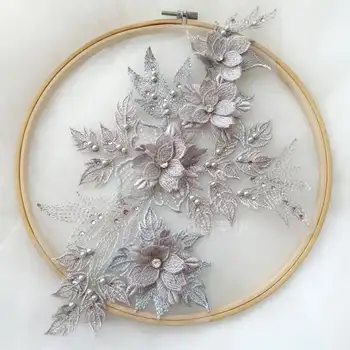 

1 piece grey heavy bead 3d florals motif bodice, heavy embroidered florals lace applique, 3d bead flower motif bodice