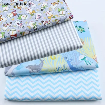 

100% Cotton Twill BLUE GRAY Marine Animal Tropical fish Snowman Stripe Chevron Fabric for DIY Bedding Apparel Dress Craft Decor