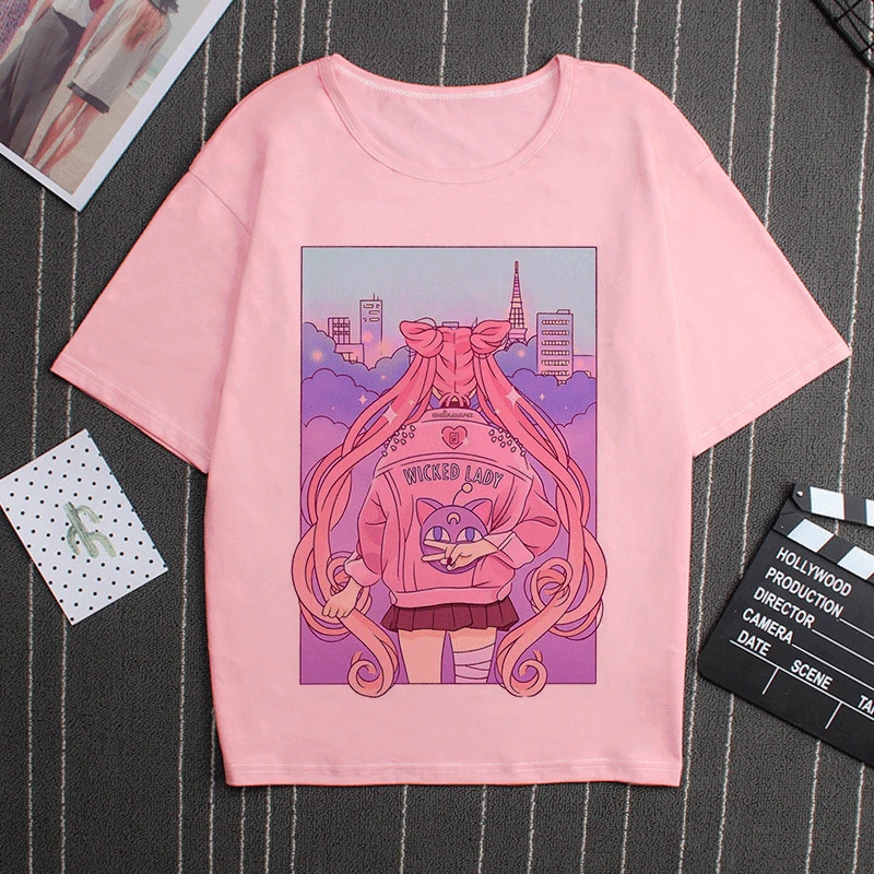 Sailor Moon 90s Funny Pink T Shirt Harajuku Clothes Tshirt Aesthetic Cat Anime Vogue T-shirt Kawaii Graphic Tees Ullzang Women