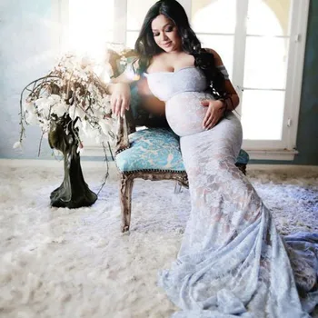 

Sexy Lace Shoulderless Pregnancy Dress Photography Long Sleeve Mesh Maternity Maxi Gowns For Photo Shoot Pregnant Women Dress