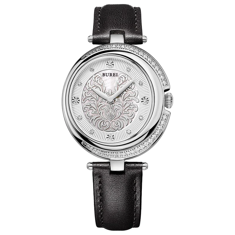 BUREI 13005 швейцарские часы женские роскошные брендовые благородный жемчуг леди серии Австрия Алмазный сапфир серебро relogio feminino - Цвет: Белый