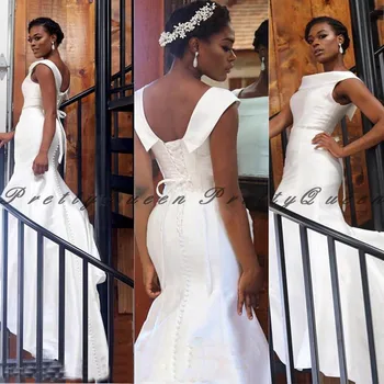 

Vintage White Satin Long Wedding Dress 2020 Mermaid Corset Back African Women Bridal Dresses Gown Vestidos De Novia