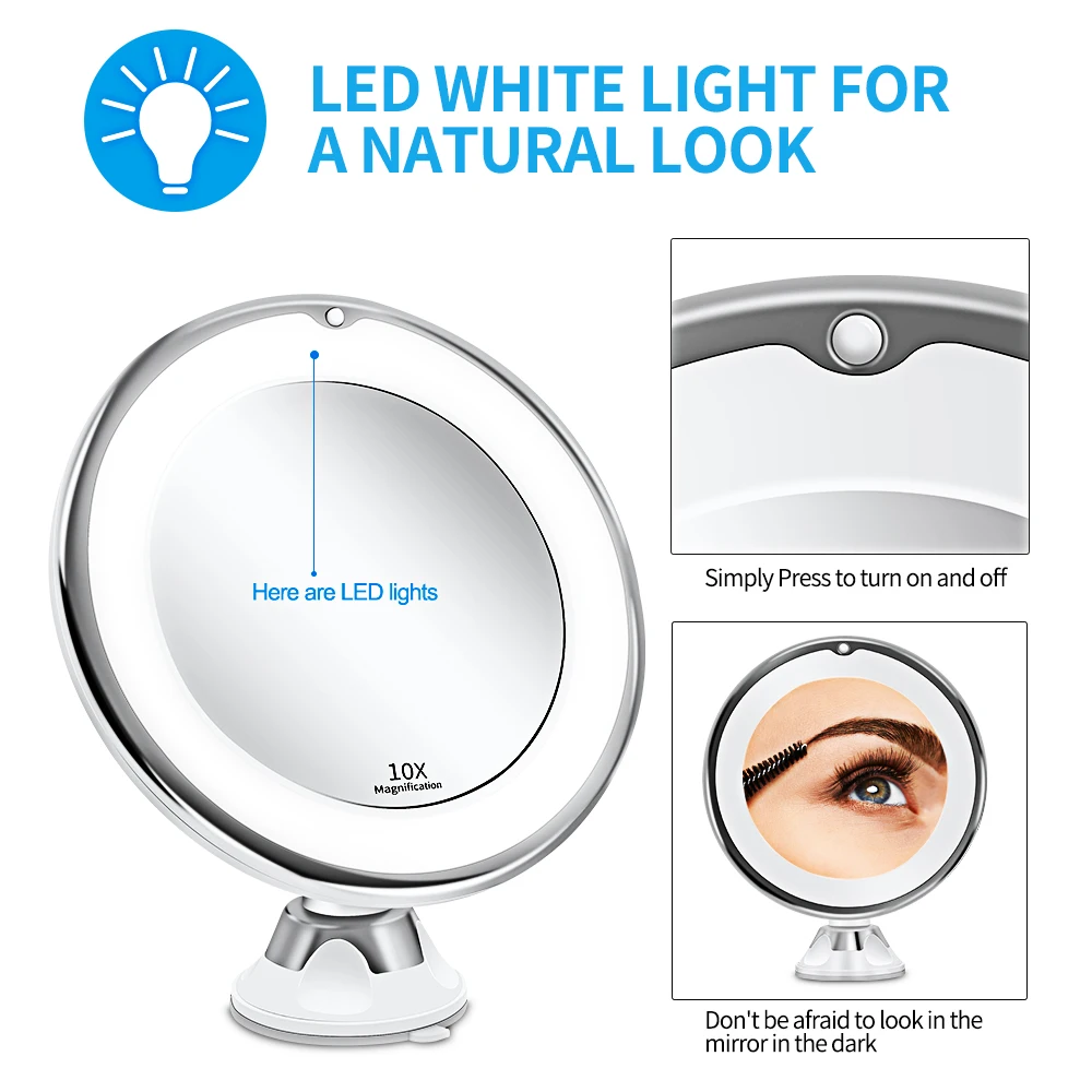 10X увеличительное зеркало для макияжа, светодиодный, с блокировкой мощности, на присоске, яркий рассеянный светильник, вращающаяся на 360 градусов, Регулируемая рука