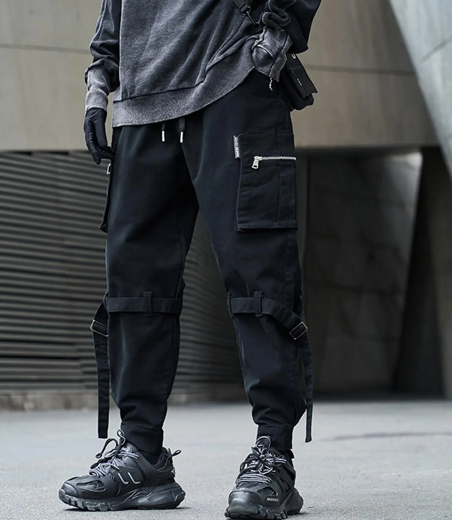 

Mens Buckle Straps Slim Regular Fit Casual Cargo Pants Stage Performance Style