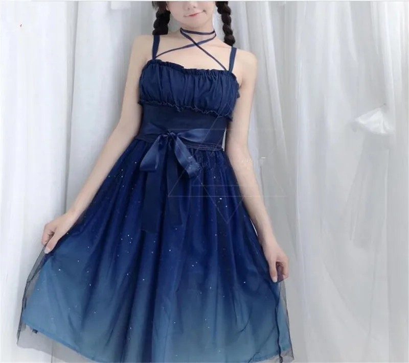 Shinning Stars Lolita Dress Gradient JSK Star Blue Girls Solid Fancy Dress Lace Ruched Pleated and Shirt Set B289