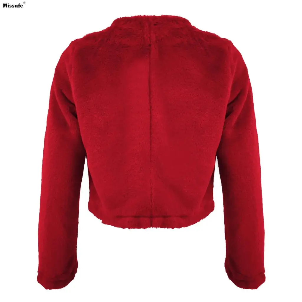 Missufe осень зима теплое плотное Женское пальто женские короткие пальто Fuax Rabit Мех отложной воротник длинный рукав модная красная куртка