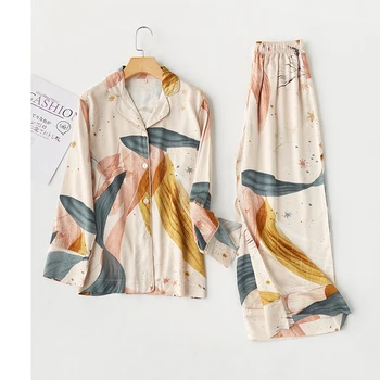

2 Pieces Autumn Women Pajamas Viscose Long Sleeve Sleepwear Star Printed Pajamas Set Spring Loose Ladies Pyjamas Home Clothes
