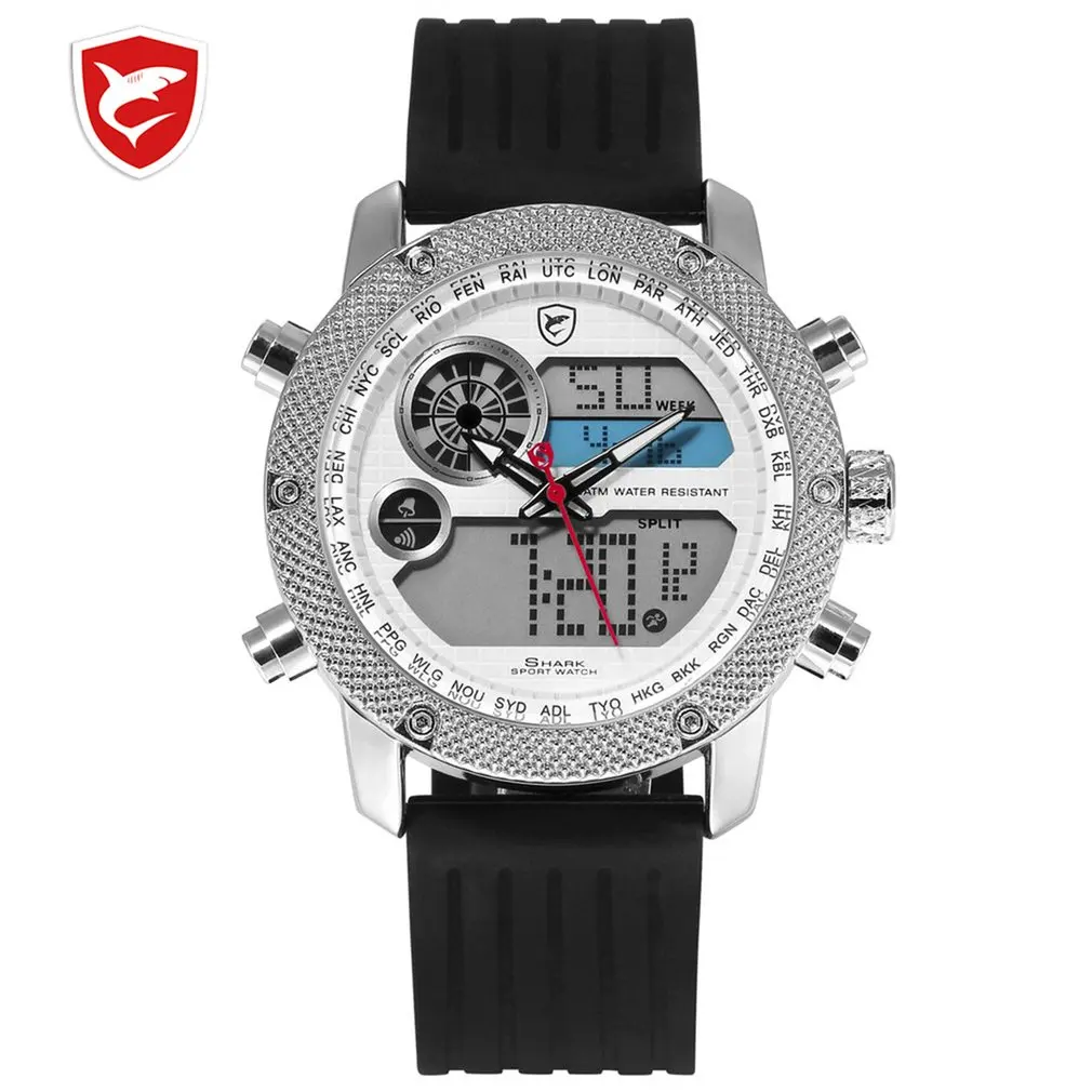 

Porbeagle SHARK Sport Watch 4 Series Silver Black Men Military Army Digital LCD Date Alarm Chronograph Silicon Wristwatch /SH583