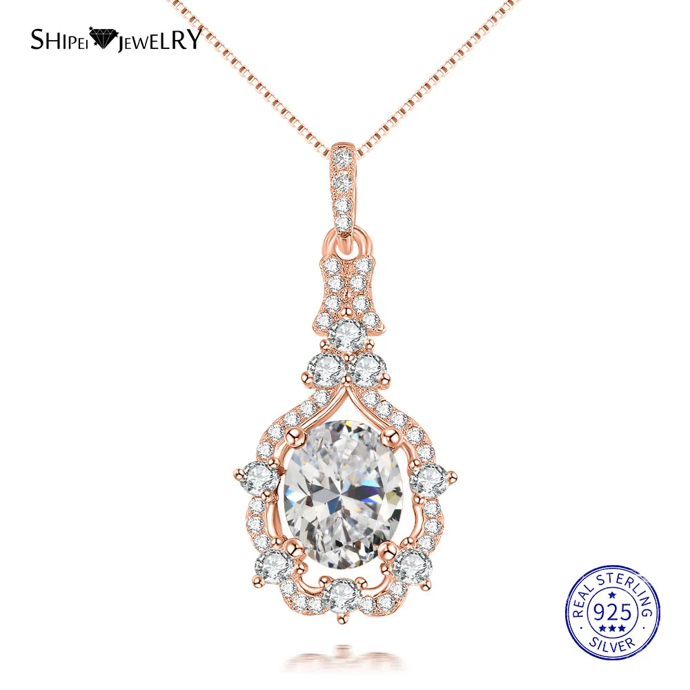 RoseGold-Clear Shipei стерлингового серебра 925 ювелирные изделия Овальный Изумрудный Сапфир, рубин Водолей Кулон ожерелье для женщин подарок на день рождения - Цвет камня: RoseGold-Clear