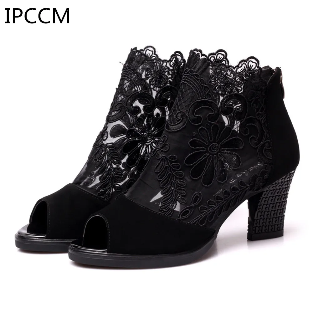 

2019 Summer Hot Trend Stylish And Elegant Mesh Solid Color High Heel Fish Mouth With Heavy Back Zipper Mature Women's Shoes