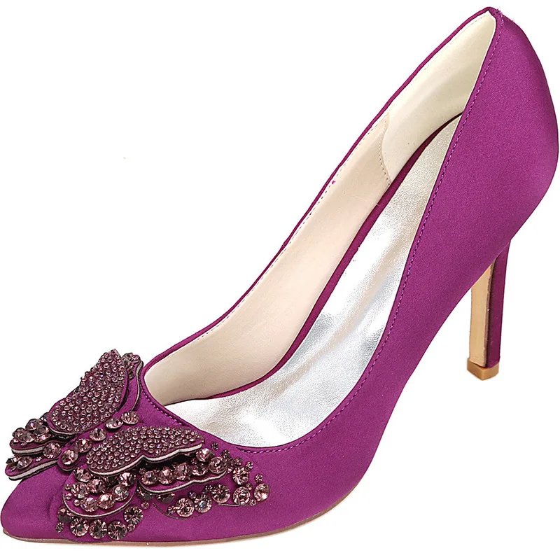 Pointed Toe Women Pumps Wedding Party Thin Heel Shoes Flock 9.5CM Thin High heels Slip On Rhinestones Butterfly-knot Bling