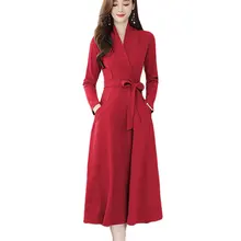 Красное женское платье в ретро стиле; сезон осень-зима; модные вечерние платья в полоску; женское элегантное однотонное приталенное плиссированное платье с карманами; mujer