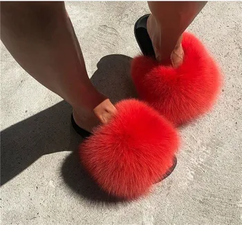 

Women's Summer Real Fox Fur Slippers Home Fluffy Plush Shoes Woman Fur Slides Stripe Furry Sandals Female Fur Flip-Flop Size 45