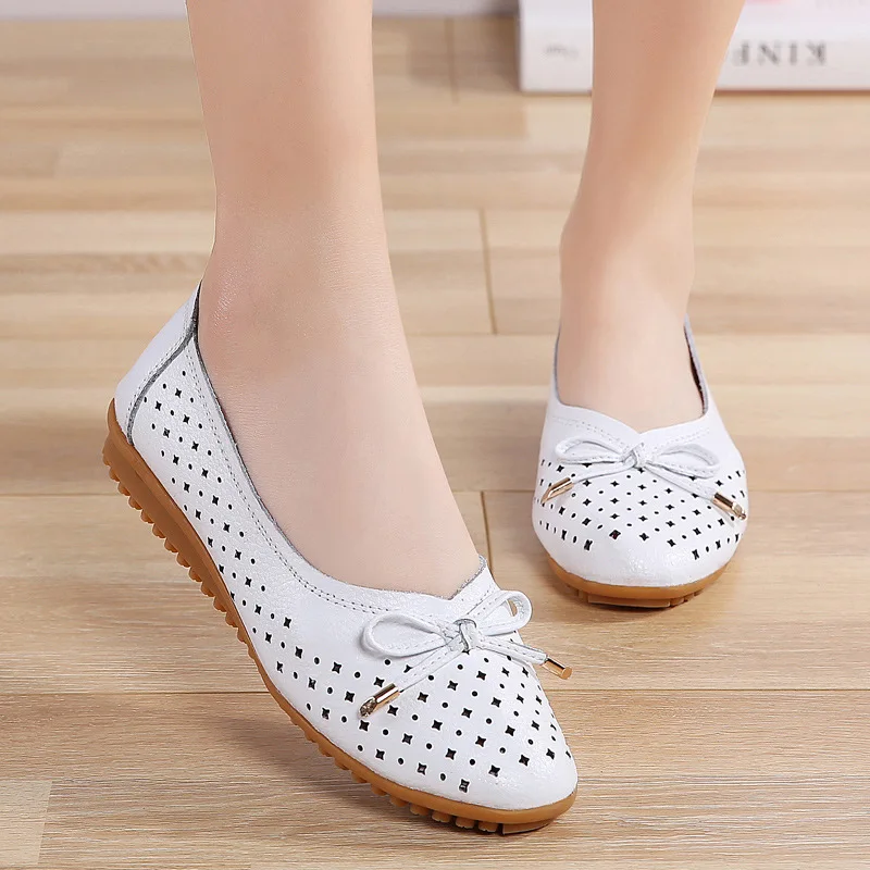 Flats Shoes Ballet-Flat-Loafers Comfortable Casual Genuine-Leather Summer Women Cutouts