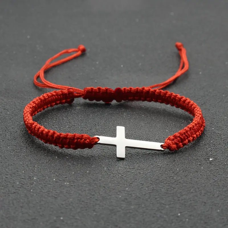 Ruční unisex nerez ocel kříž půvab náramek muži splétání textilních materiálů nastavitelný šťastný červená laso náramky pro ženy manžeta šperků dar