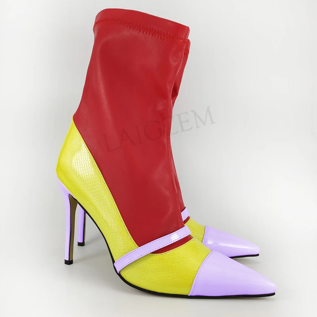 LAIGZEM/цветные женские ботиночки на шпильках с боковой молнией Женские ботинки