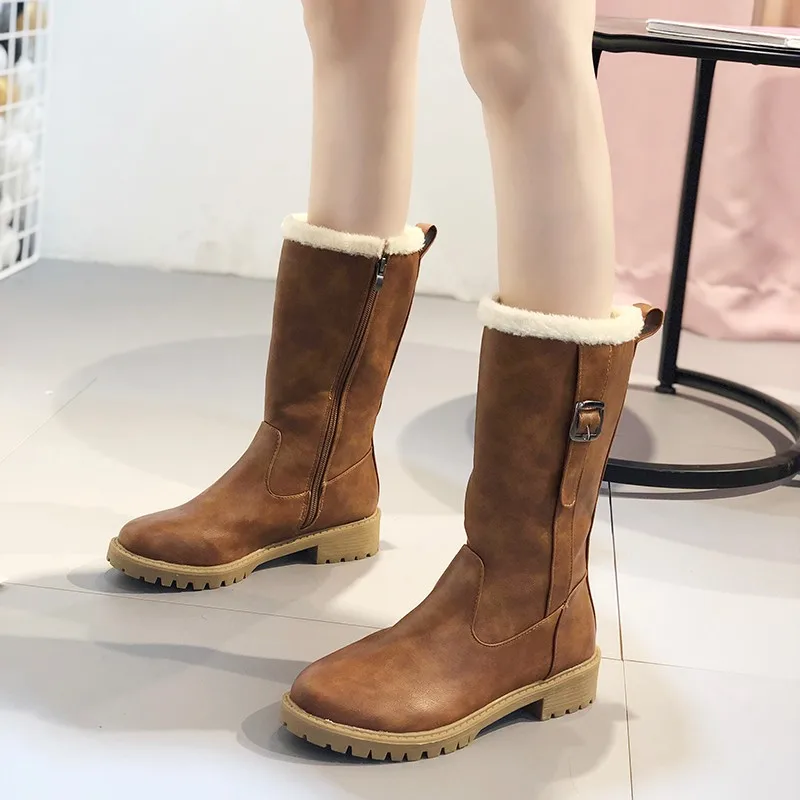 

2019 Women Snow Boots Plus Size Non-slip Low Heel Shoes Winter Keep Warm Casual Knee High Boots Plus Velvet Botas Mujer Invierno