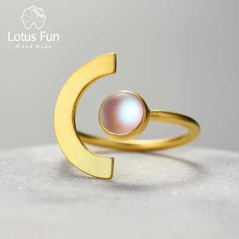 Lotus Fun 18K Gold Minimalism Moonlight Adjustable Moonstone Rings with Stone for Women Real 925 Sterling Silver Fine Jewelry