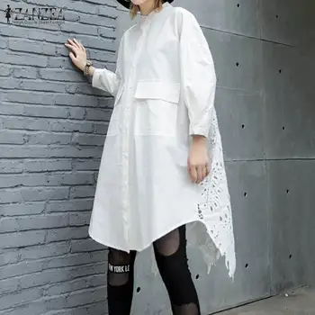 

Oversized Stylish Lace Crochet Tops Women's Stiching Blouse ZANZEA Spring Asymmetrical Tunic Female Button Shirts Solid Top