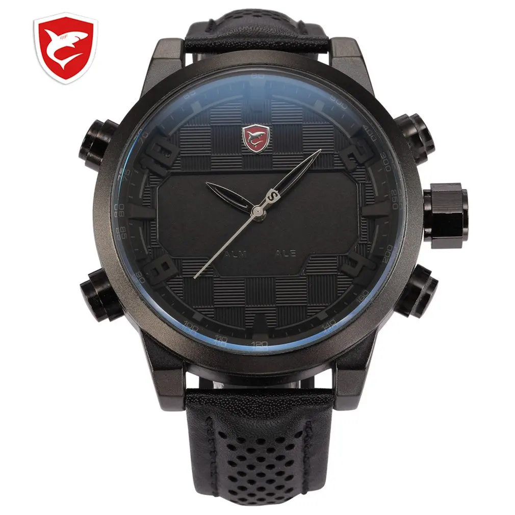 

Luxury Leather Package Digital Shark Sport Watch Waterproof Dual Time Oversized LED Calendar Alarm Men Quartz Watches /SH203-206