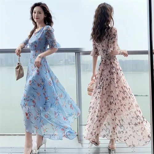 

Floral-Print Dress Women's 2019 Summer New Style Long over-the-Knee Chiffon Very Fairy of Big Hemline Casual Sweet Long Skirts